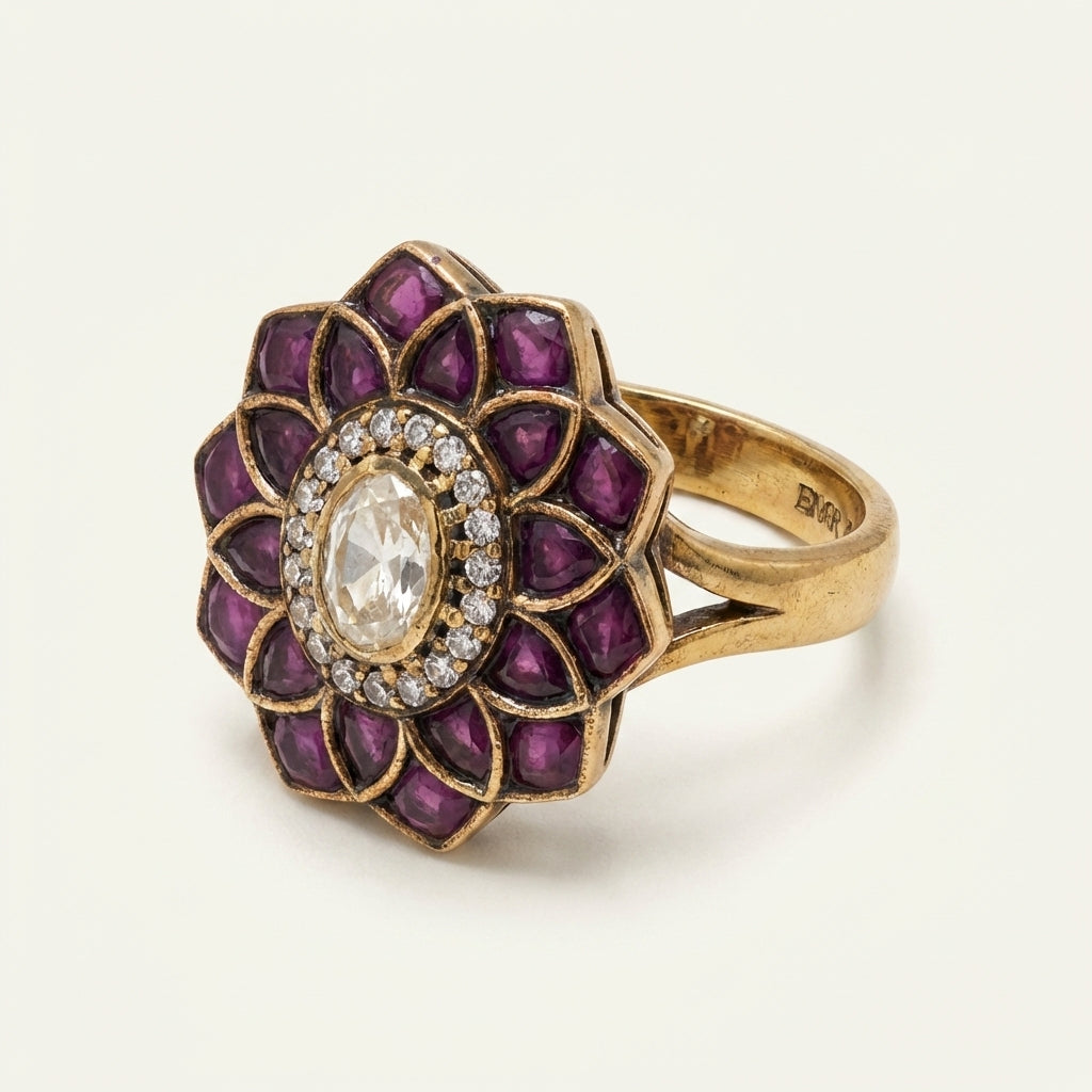Angled view of the ZEVARAZ Aabha Jamuni Kamal Kundan Silver Ring showing the purple lotus kundan motif