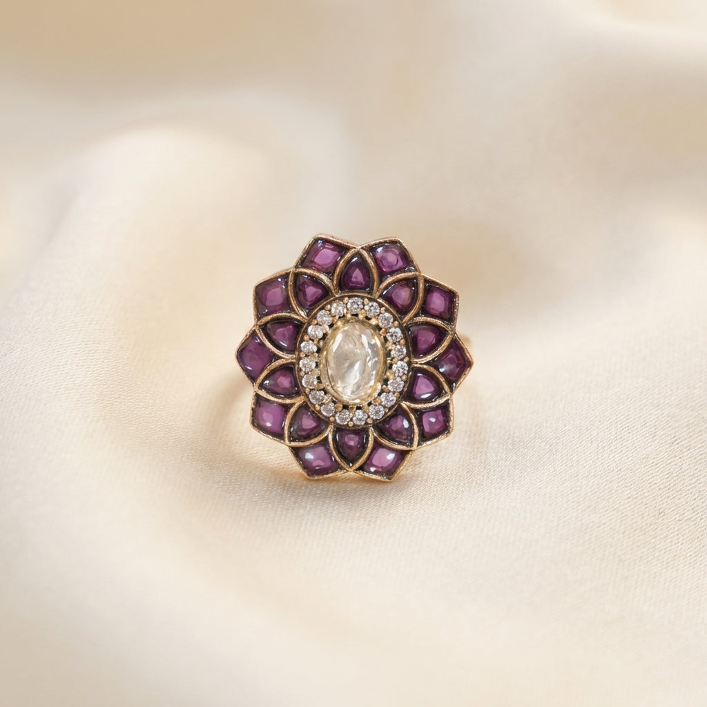 Close-up detail of the kundan stonework on the ZEVARAZ Aabha Jamuni Kamal Kundan Silver Ring