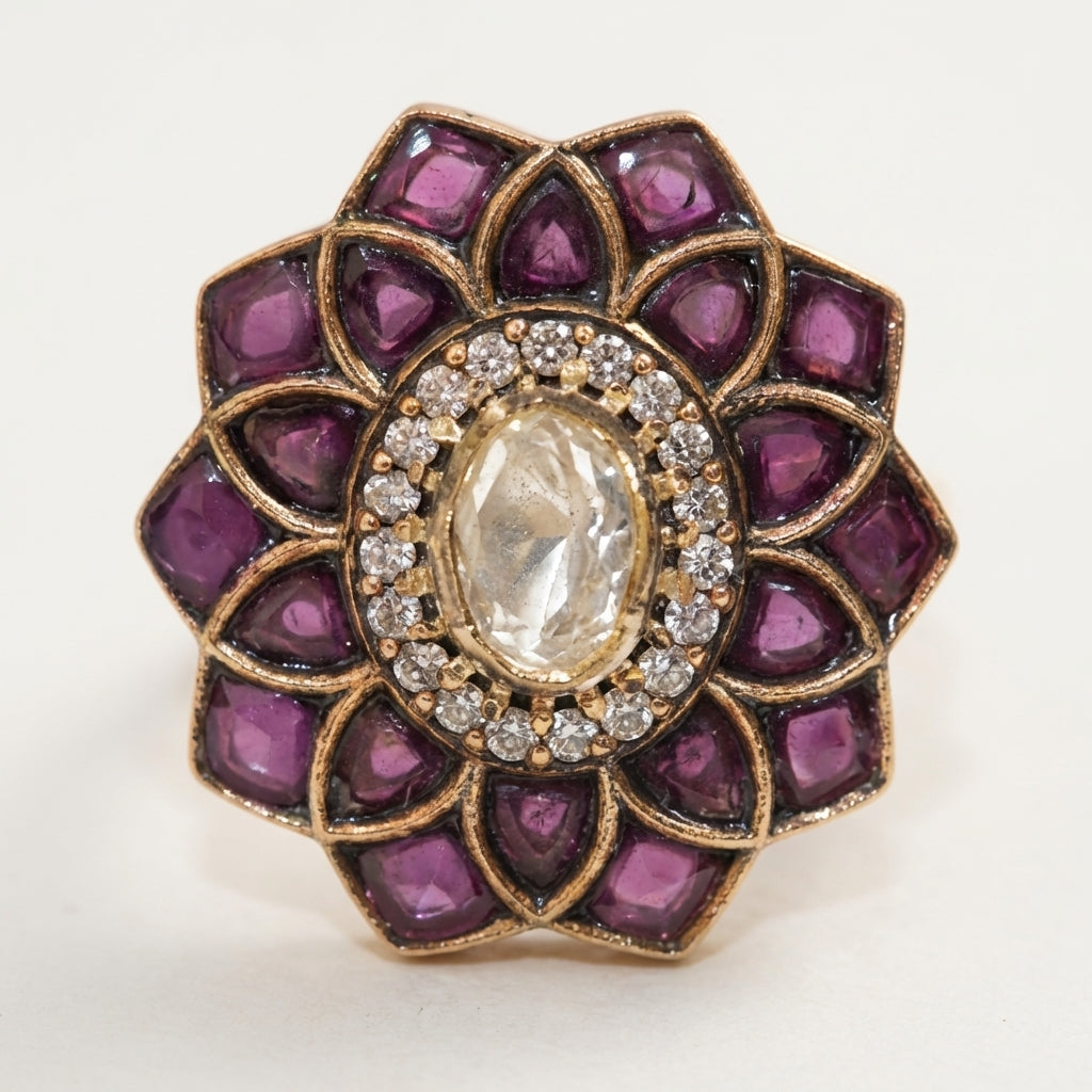 Styled studio shot of the ZEVARAZ Aabha Jamuni Kamal Kundan Silver Ring