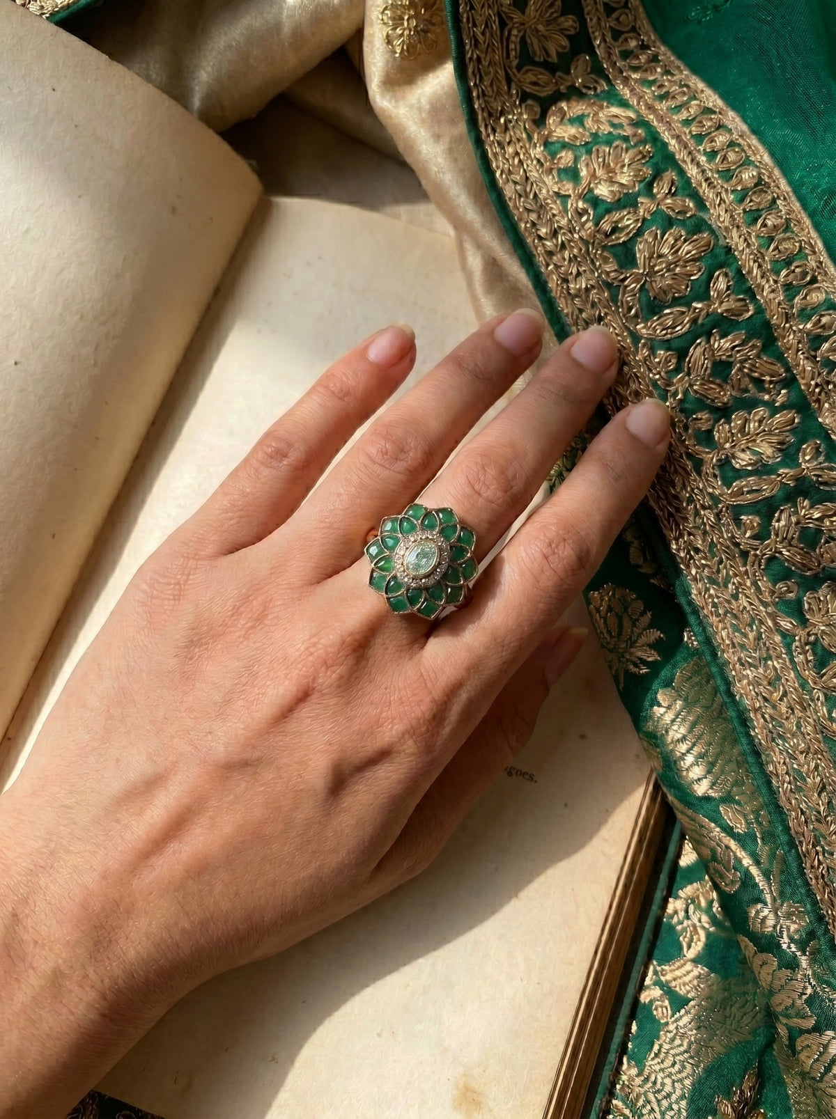 Model in traditional dress wearing the ZEVARAZ Aabha Jamuni Kamal Kundan Silver Ring