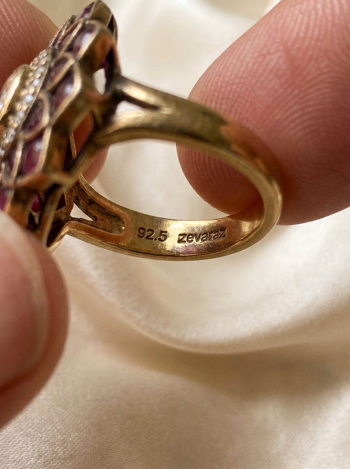 Macro view of the silver band and stone setting of the ZEVARAZ Aabha Jamuni Kamal Kundan Silver Ring