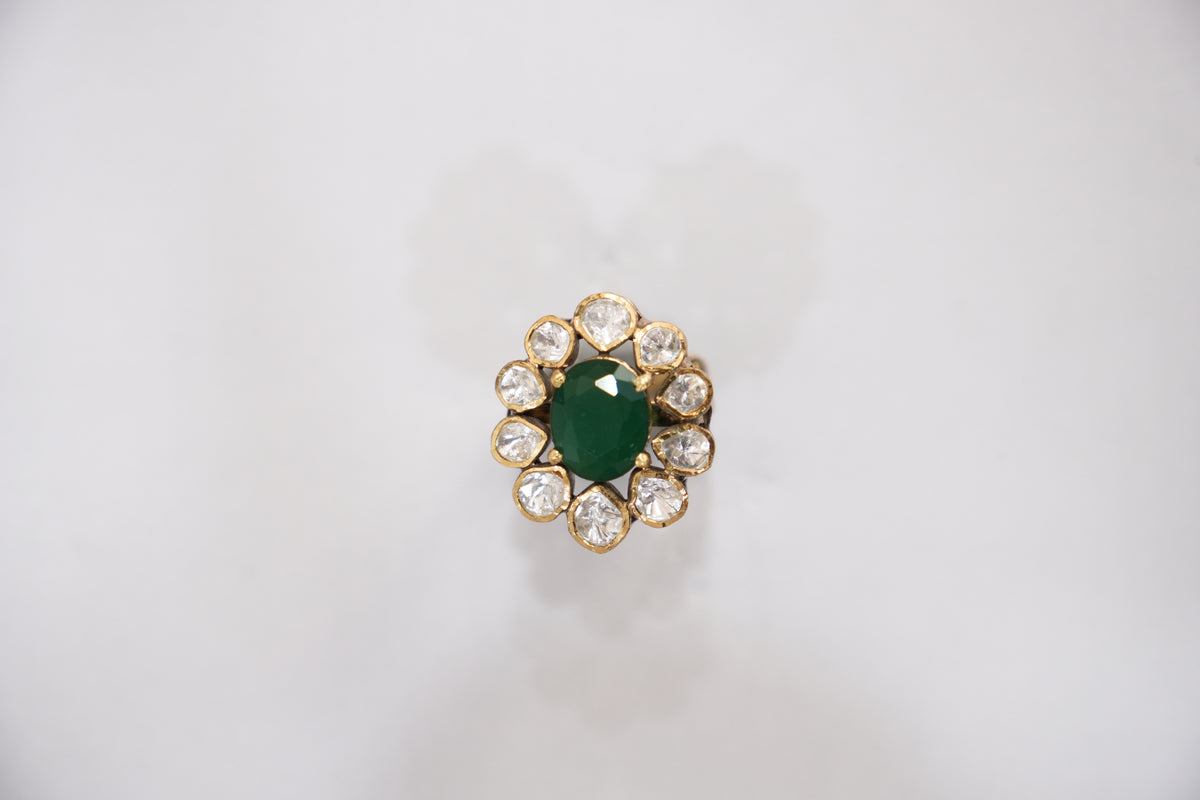 Studio catalog photo of the ZEVARAZ Aabha Panna Sitara Kundan Silver Ring