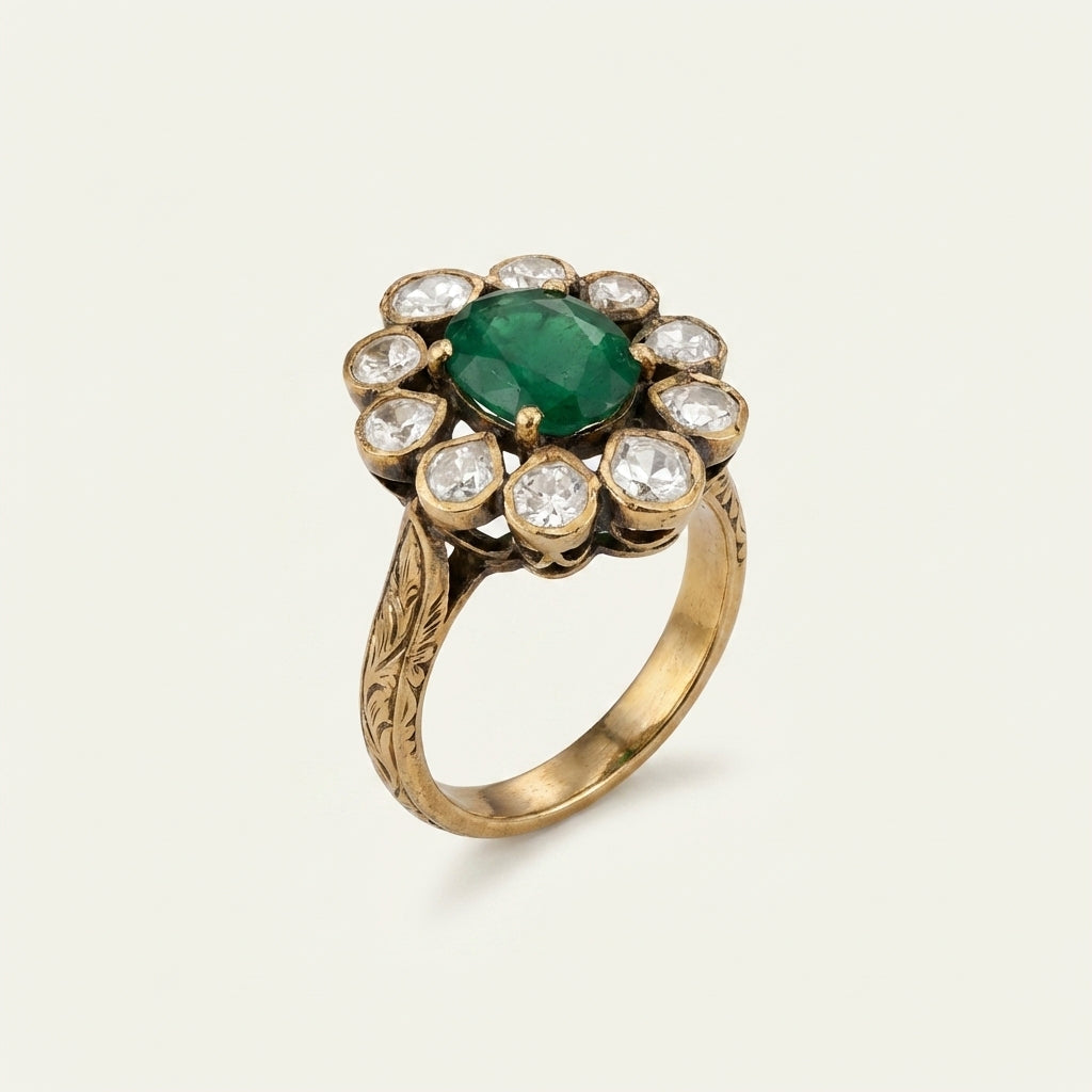 Angled view of the ZEVARAZ Aabha Panna Sitara Kundan Silver Ring showing the green star kundan motif