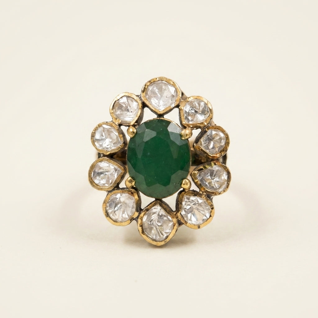 Styled studio shot of the ZEVARAZ Aabha Panna Sitara Kundan Silver Ring