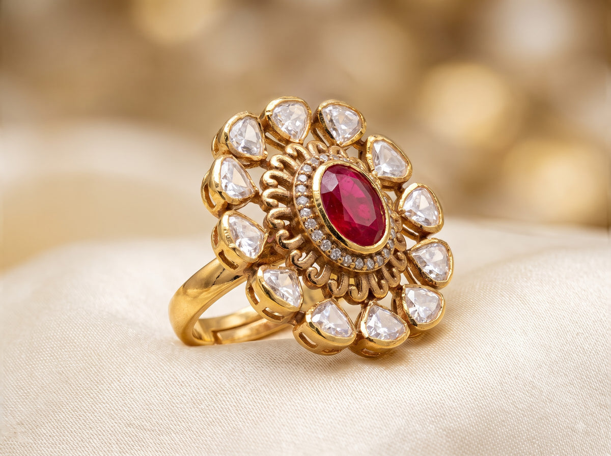 Front catalog view of the ZEVARAZ Aabha Gulaab Manak Kundan Silver Ring