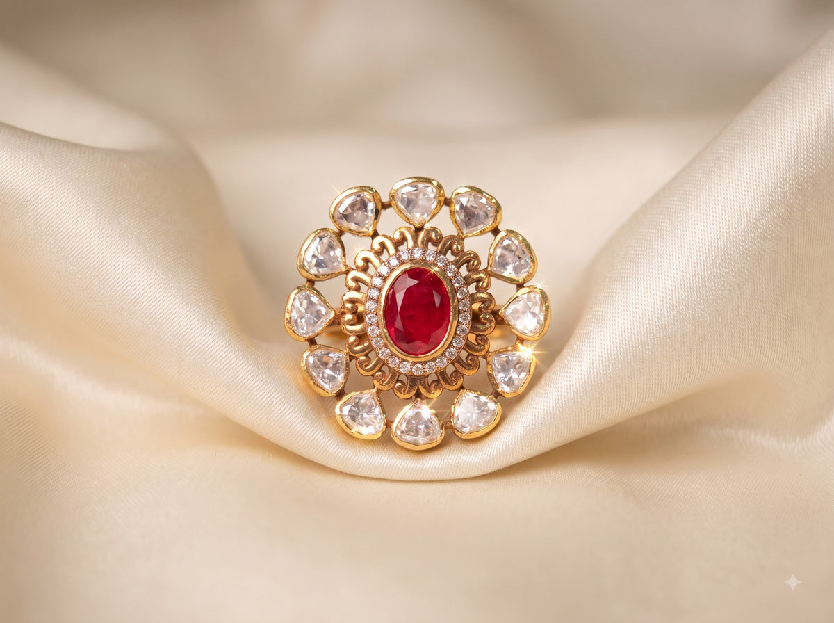 Angled studio view of the ZEVARAZ Aabha Gulaab Manak Kundan Silver Ring