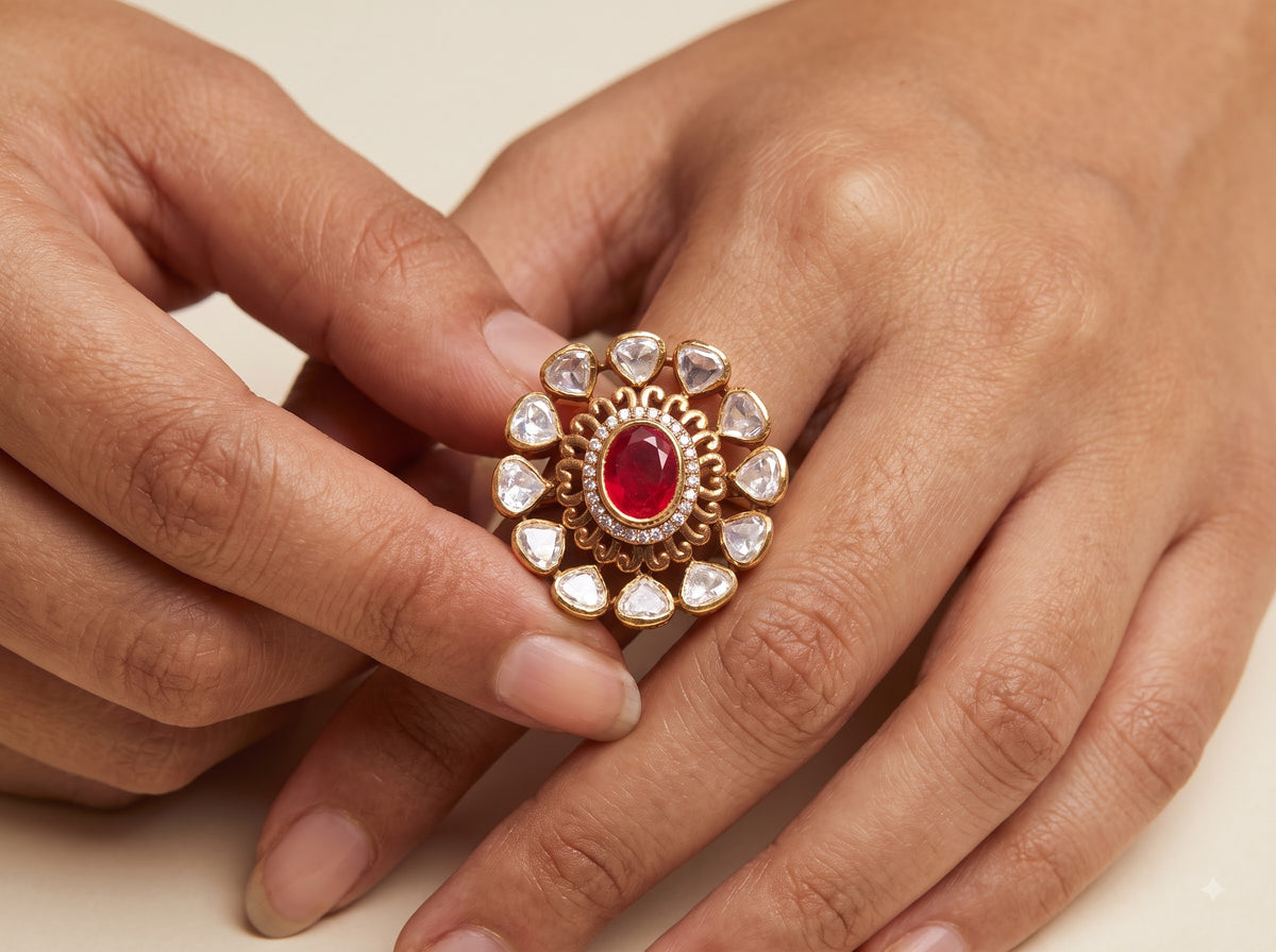 Close-up detail of the ruby and kundan setting on the ZEVARAZ Aabha Gulaab Manak Kundan Silver Ring