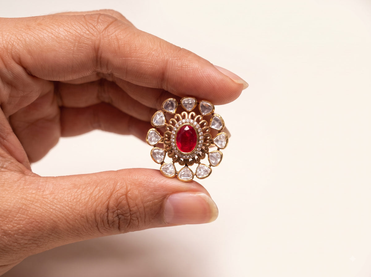 Top-down view of the ZEVARAZ Aabha Gulaab Manak Kundan Silver Ring