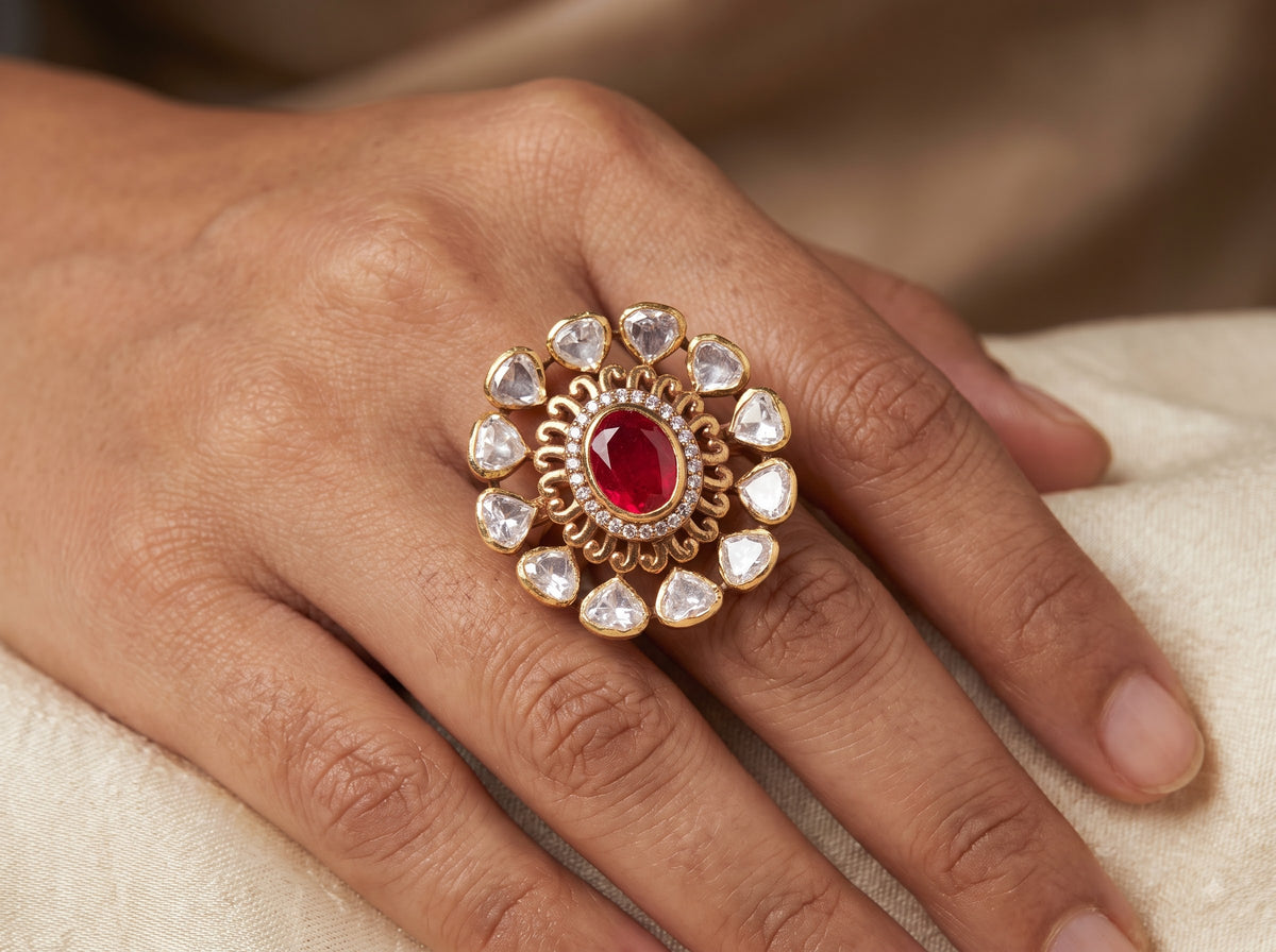 Band and shank detail of the ZEVARAZ Aabha Gulaab Manak Kundan Silver Ring