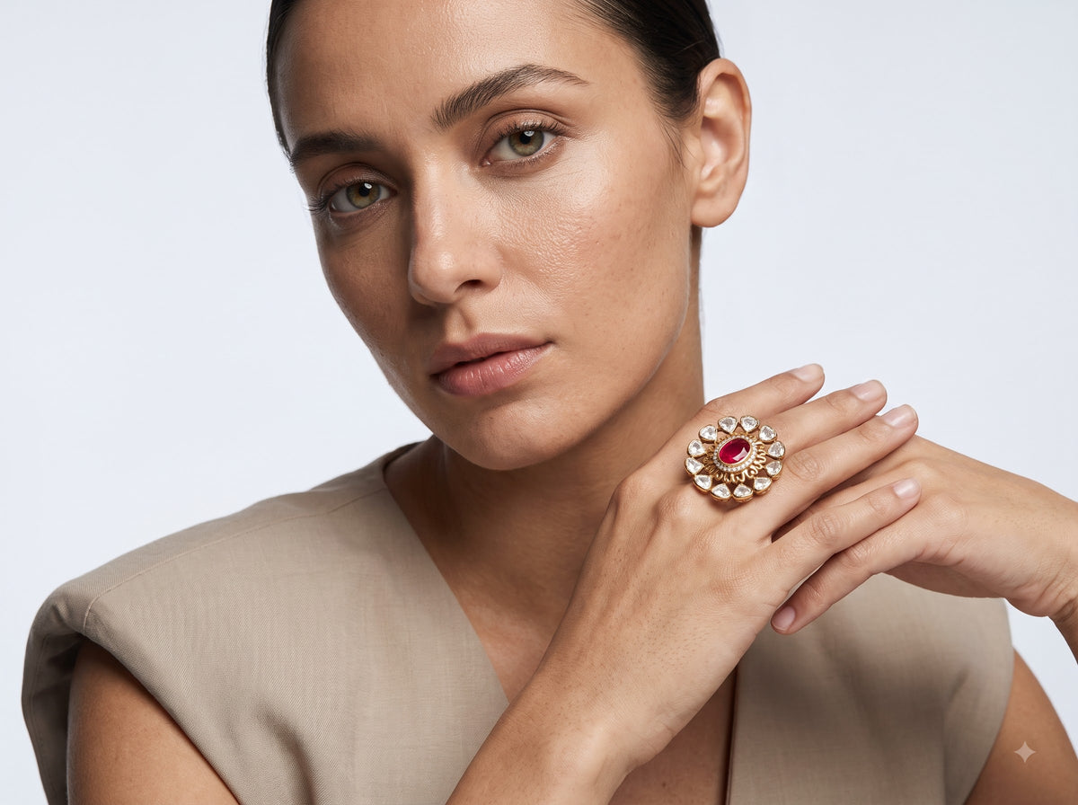 Scale reference view of the ZEVARAZ Aabha Gulaab Manak Kundan Silver Ring