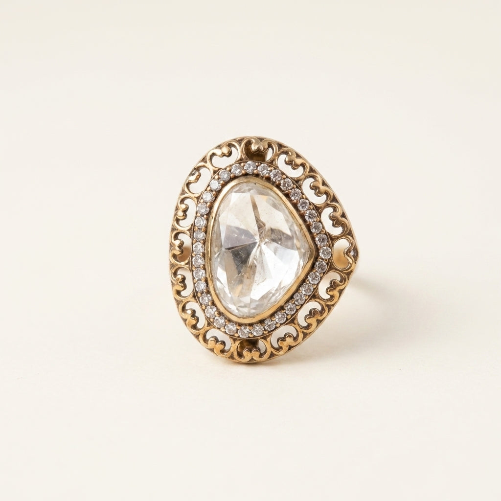 Front catalog view of the ZEVARAZ Aabha Safed Meena Kundan Silver Ring