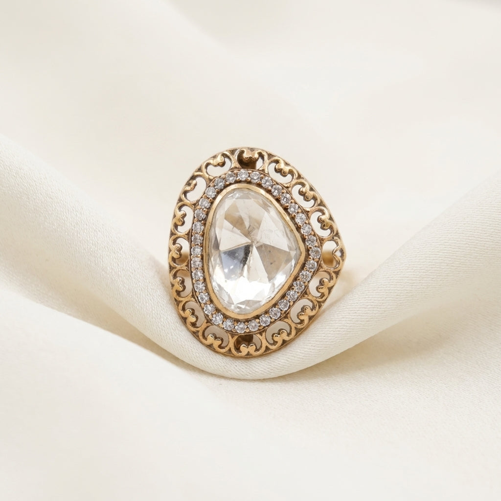 Angled studio view of the ZEVARAZ Aabha Safed Meena Kundan Silver Ring