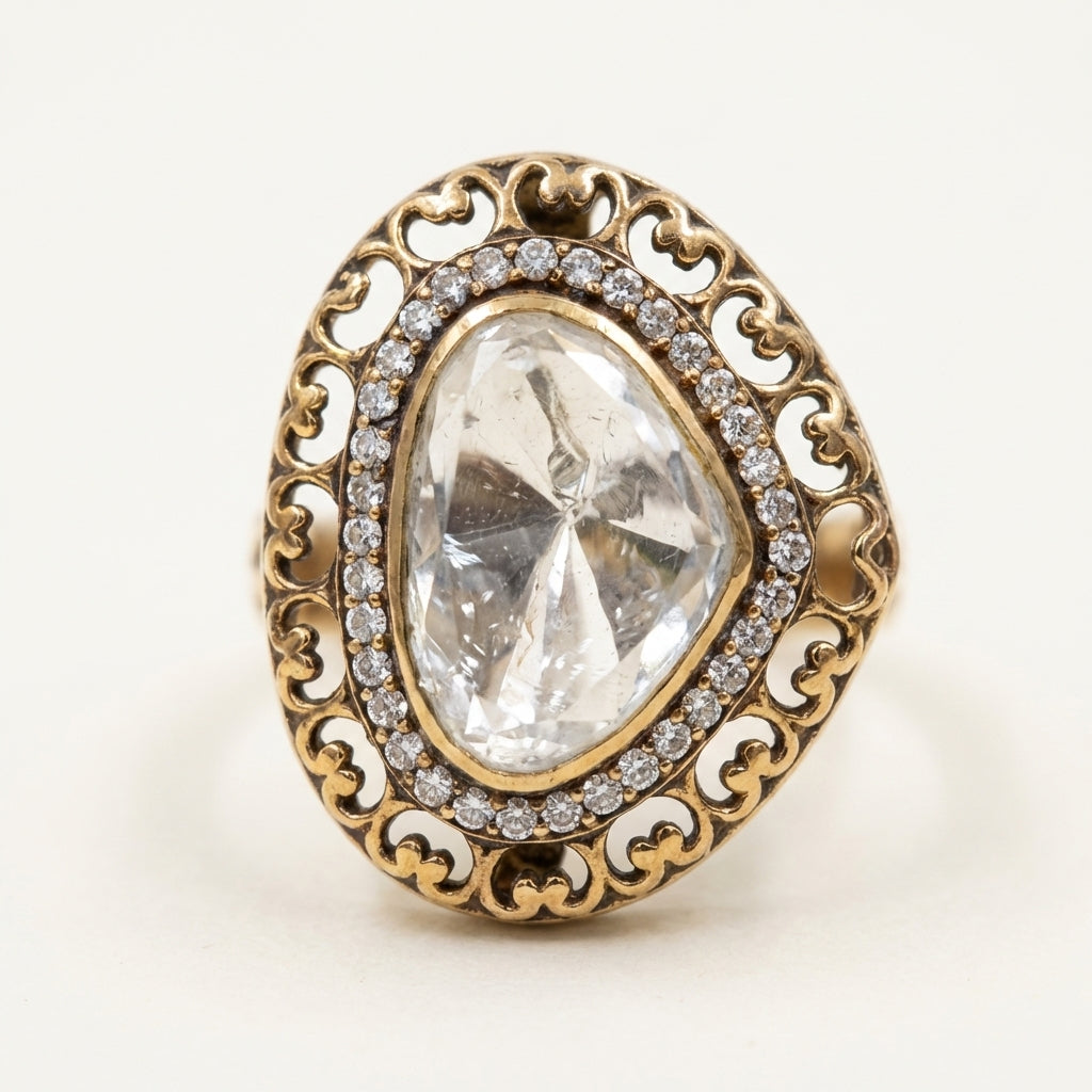 Side profile view of the ZEVARAZ Aabha Safed Meena Kundan Silver Ring