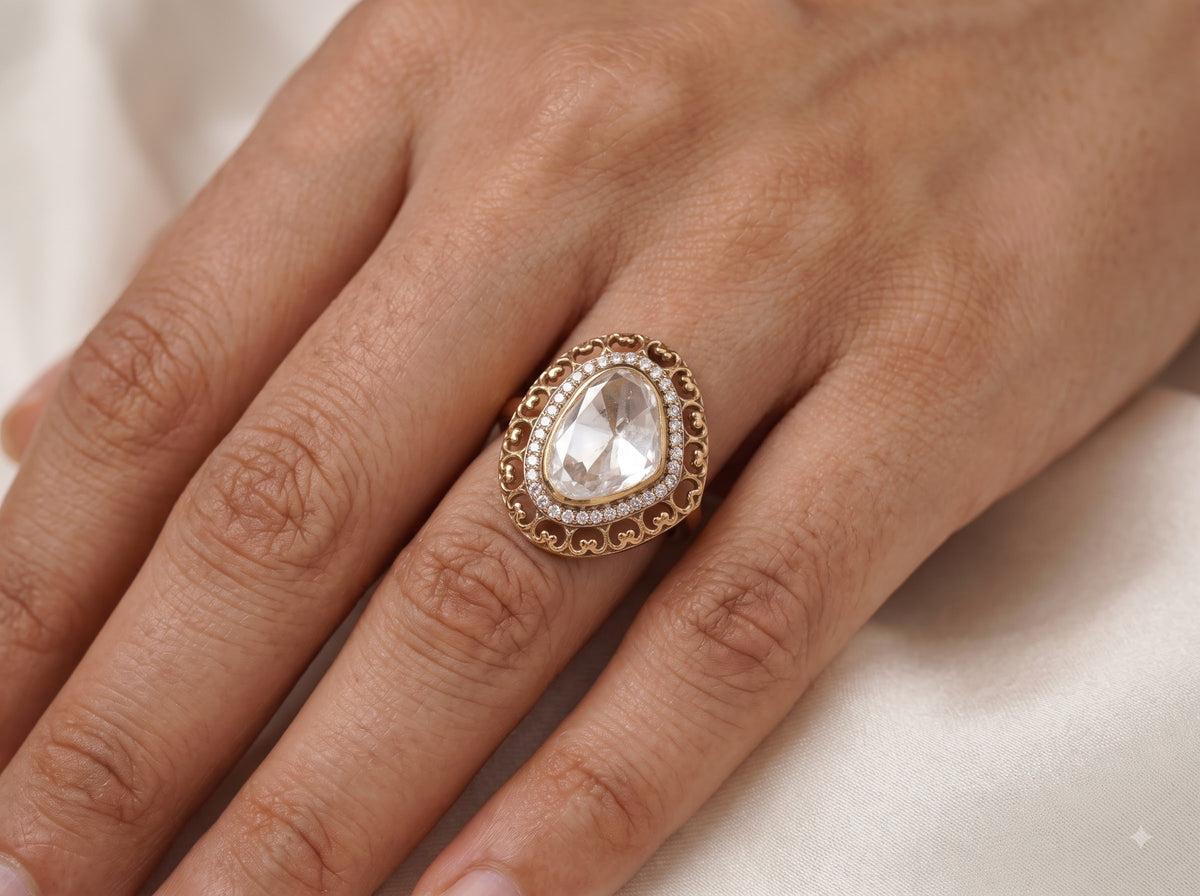 Top-down view of the ZEVARAZ Aabha Safed Meena Kundan Silver Ring