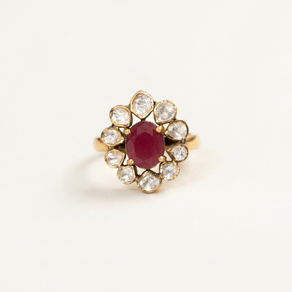 Front catalog view of the ZEVARAZ Aabha Manak Sitara Kundan Silver Ring