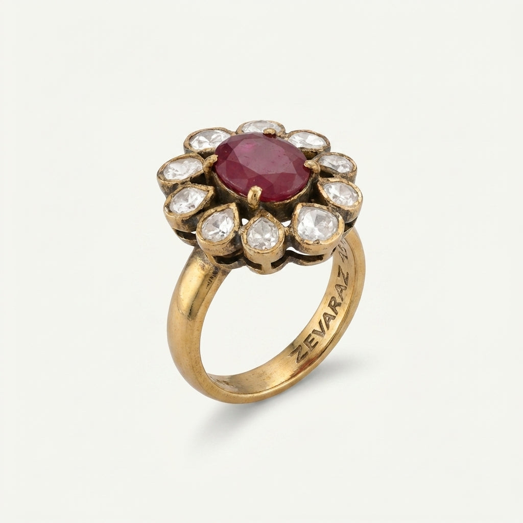 Angled studio view of the ZEVARAZ Aabha Manak Sitara Kundan Silver Ring