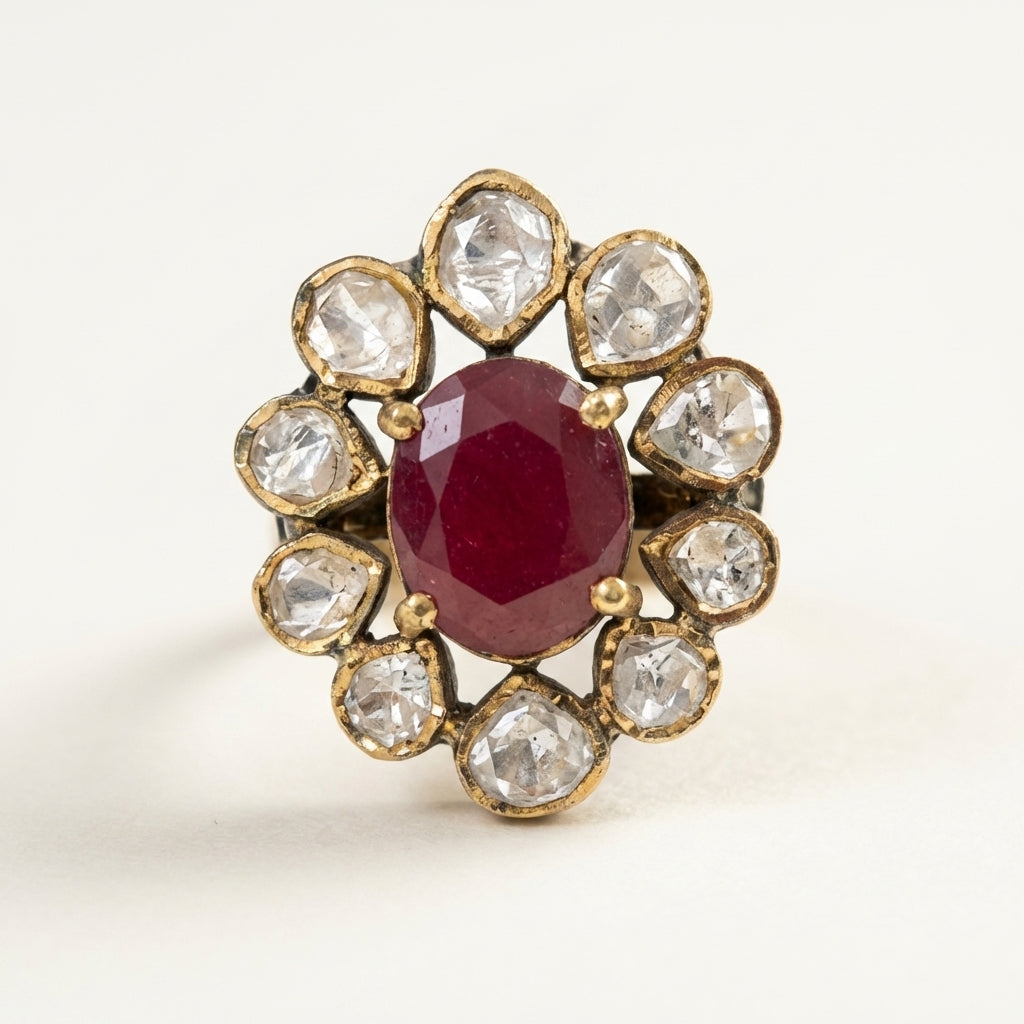 Side profile view of the ZEVARAZ Aabha Manak Sitara Kundan Silver Ring