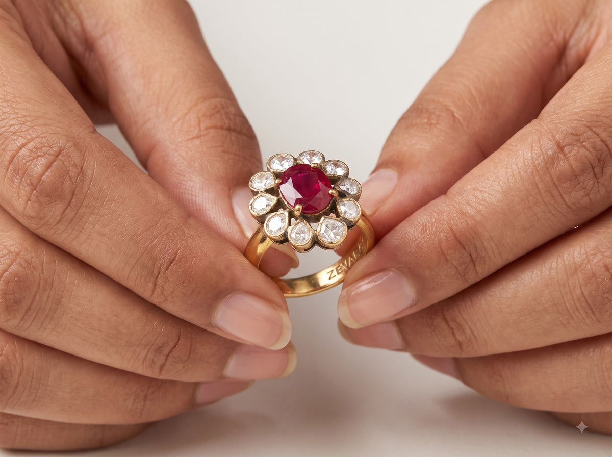 Close-up detail of the ruby star motif and kundan setting on the ZEVARAZ Aabha Manak Sitara Kundan Silver Ring