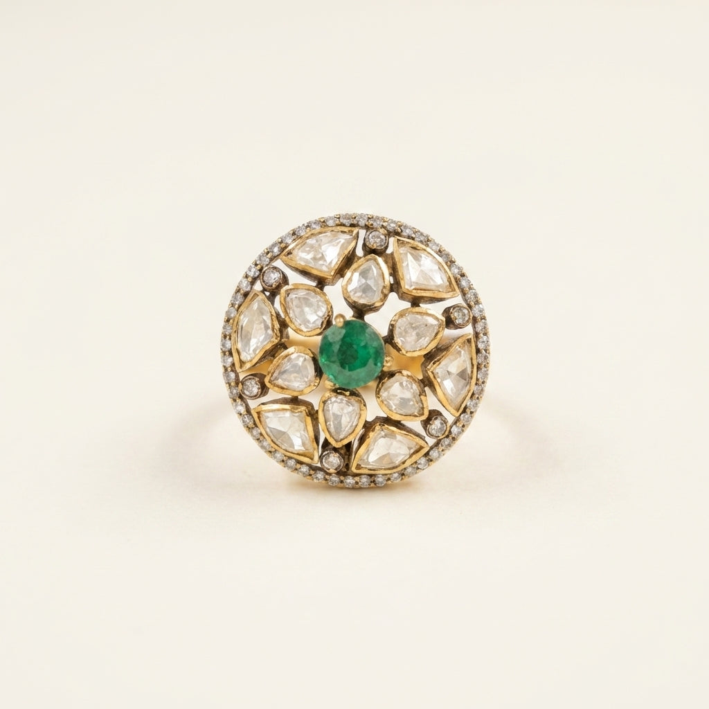 Front catalog view of the ZEVARAZ Aabha Panna Chandra Kundan Silver Ring