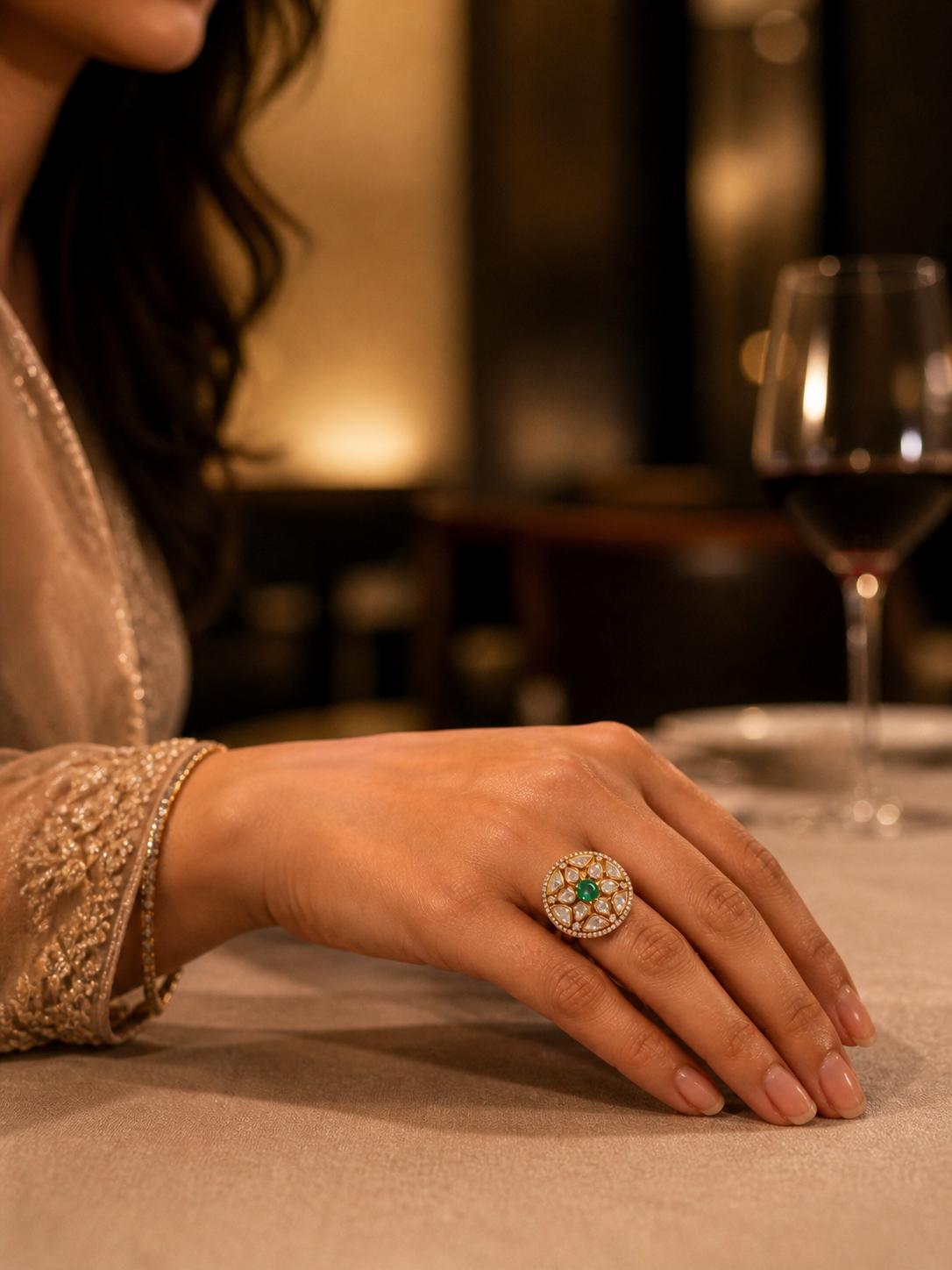 Editorial styled render of the ZEVARAZ Aabha Panna Chandra Kundan Silver Ring