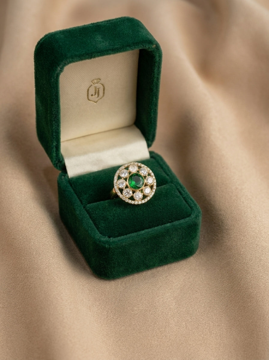 Styled composition render of the ZEVARAZ Aabha Panna Chandra Kundan Silver Ring