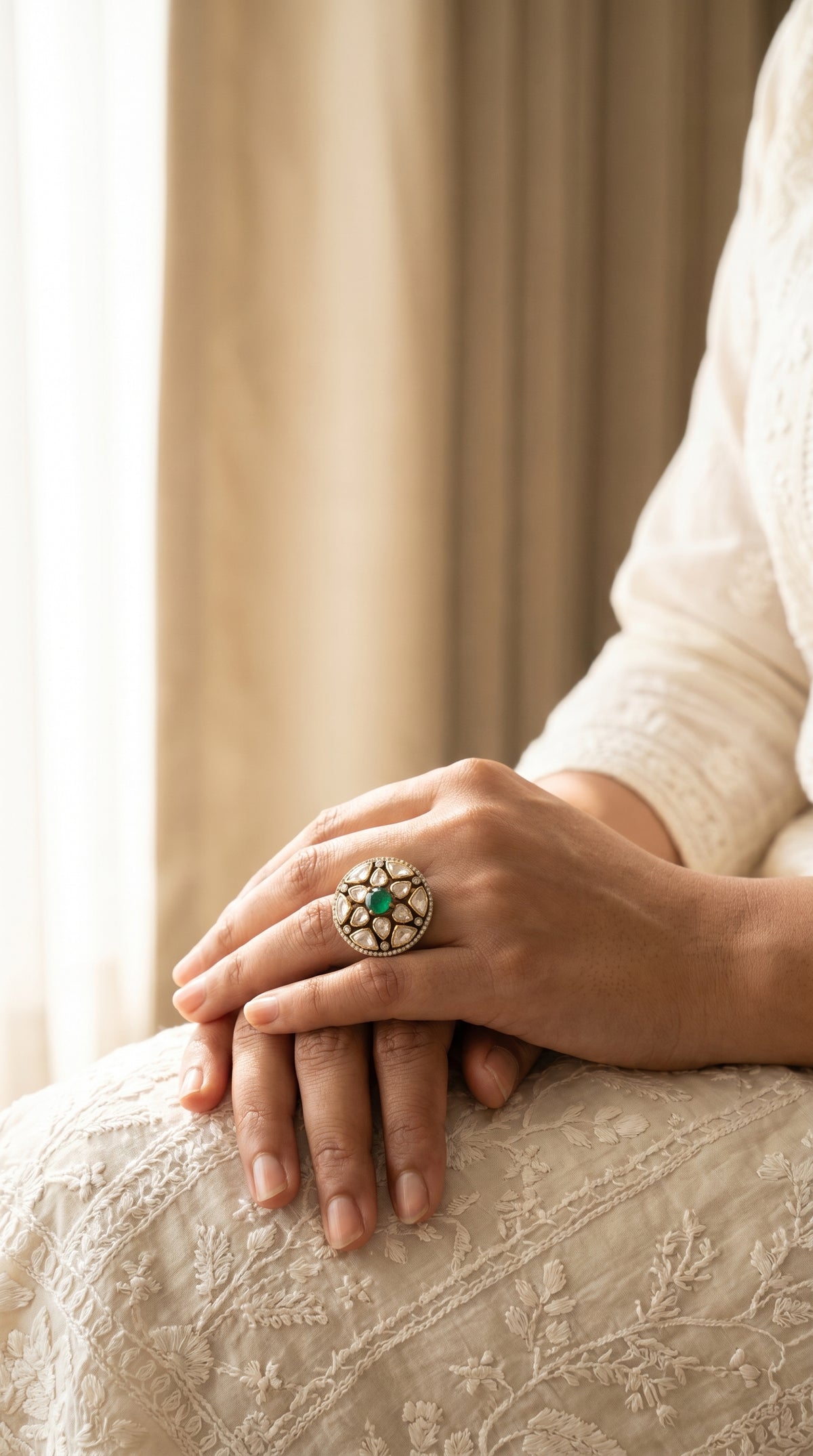 Side profile editorial render of the ZEVARAZ Aabha Panna Chandra Kundan Silver Ring