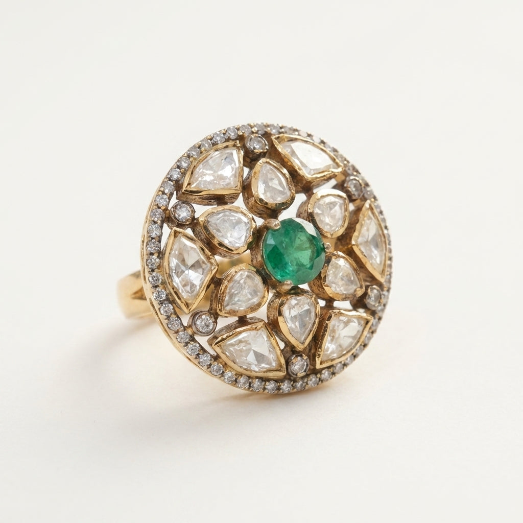 Angled catalog view of the ZEVARAZ Aabha Panna Chandra Kundan Silver Ring
