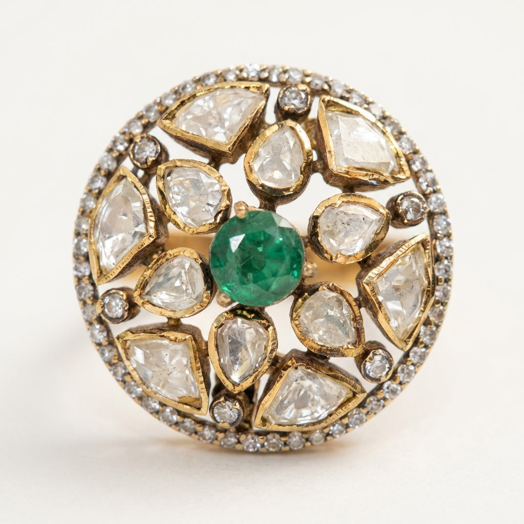 Side profile view of the ZEVARAZ Aabha Panna Chandra Kundan Silver Ring