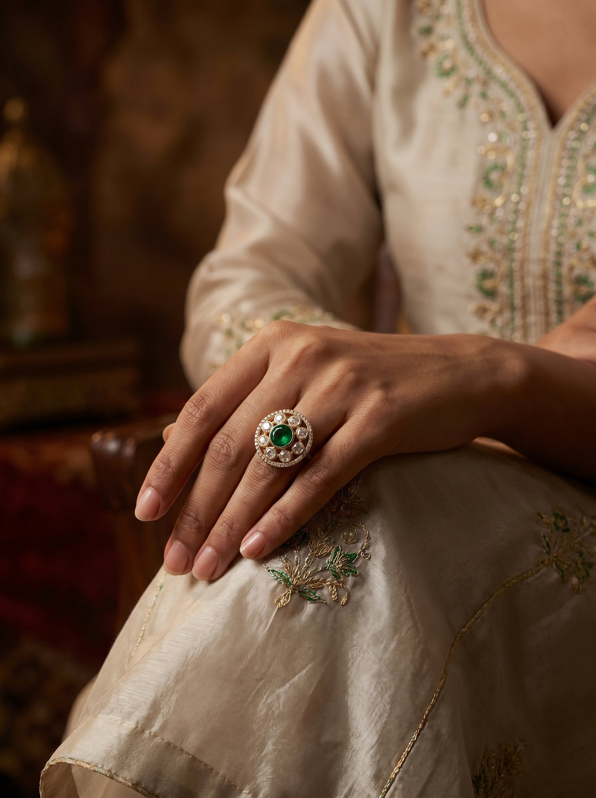Cinematic styled render of the ZEVARAZ Aabha Panna Chandra Kundan Silver Ring