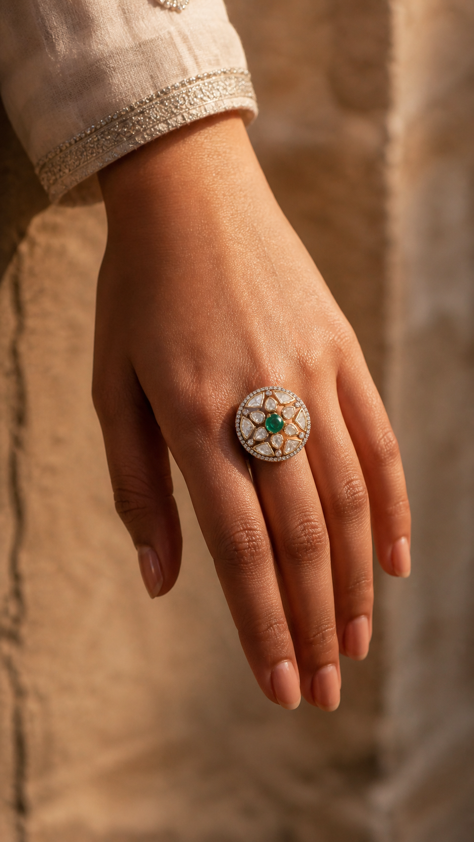 Lifestyle styled render of the ZEVARAZ Aabha Panna Chandra Kundan Silver Ring
