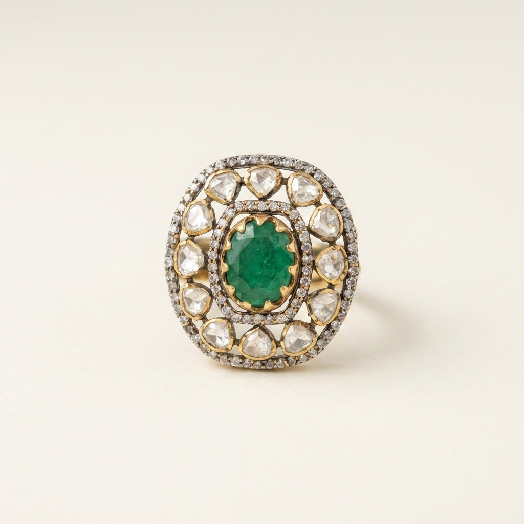 Front catalog view of the ZEVARAZ Aabha Panna Darpan Kundan Silver Ring