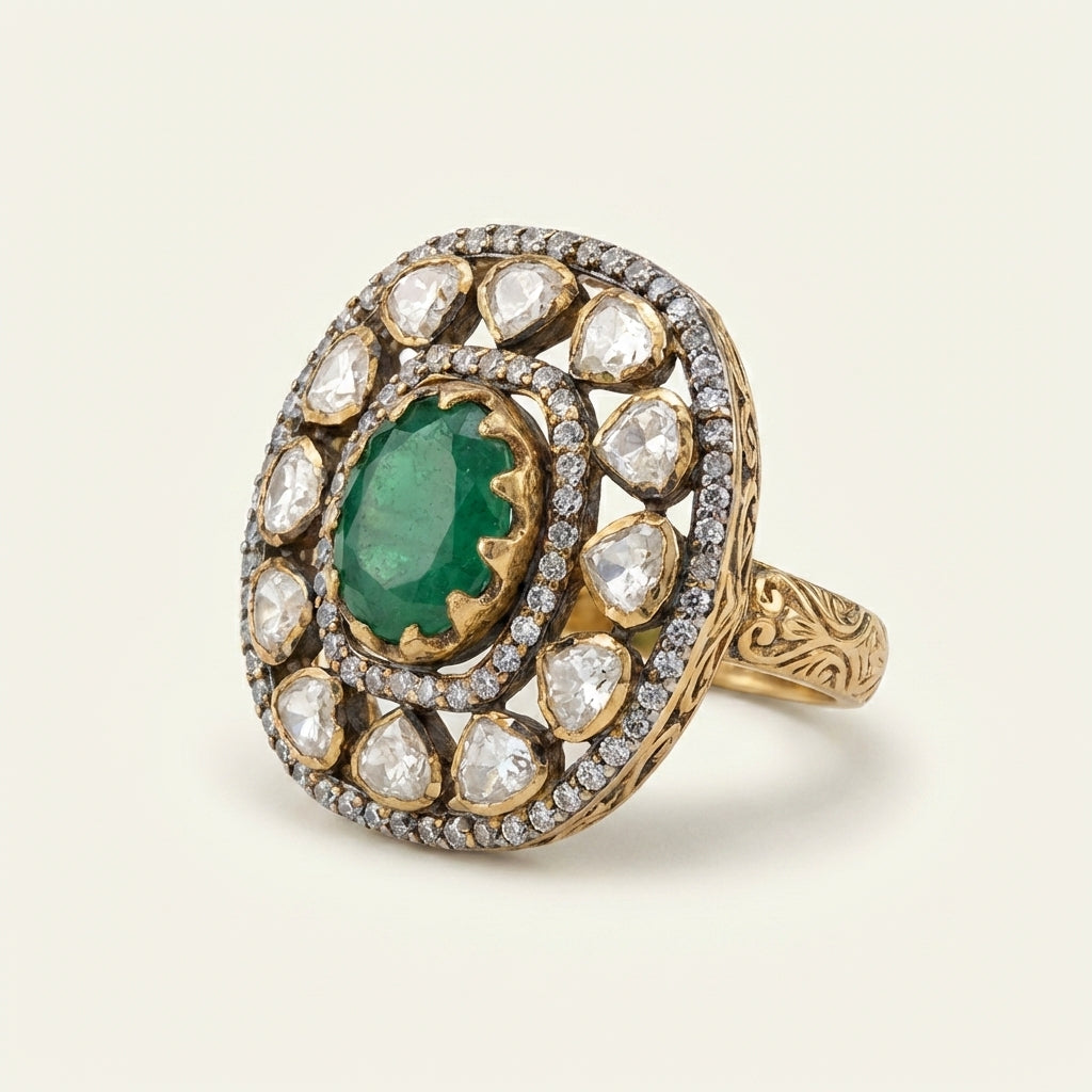 Angled catalog view of the ZEVARAZ Aabha Panna Darpan Kundan Silver Ring