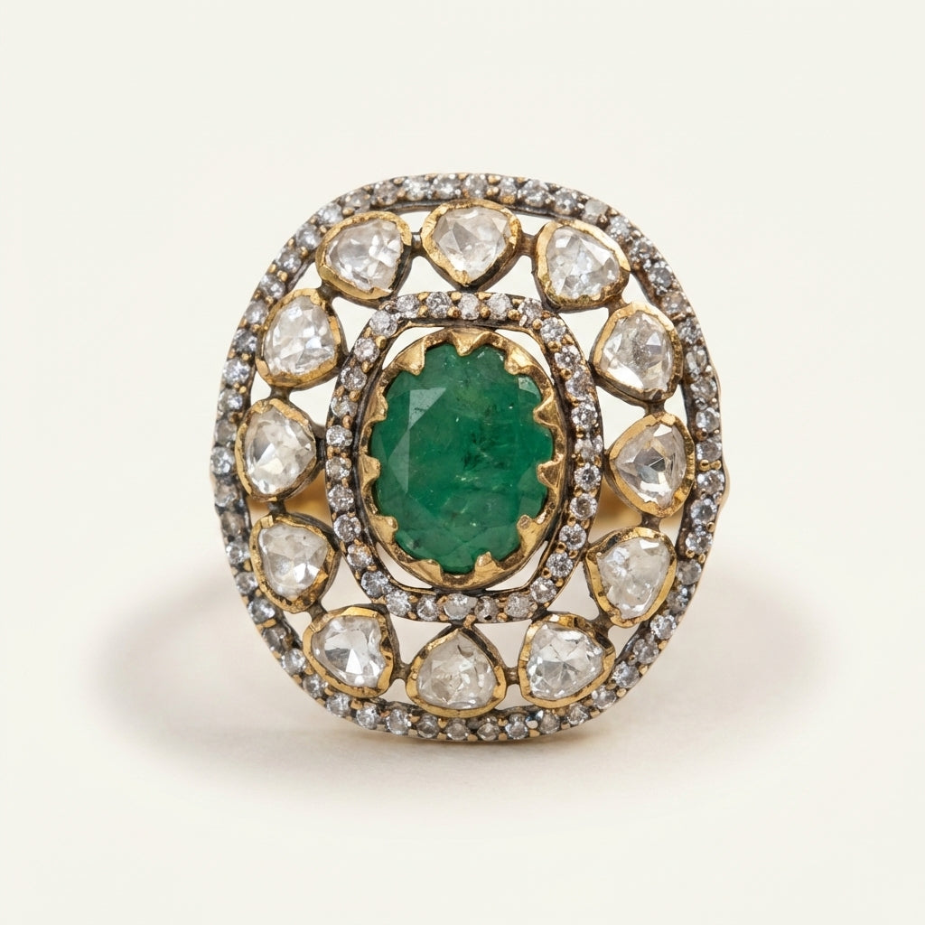 Side profile view of the ZEVARAZ Aabha Panna Darpan Kundan Silver Ring