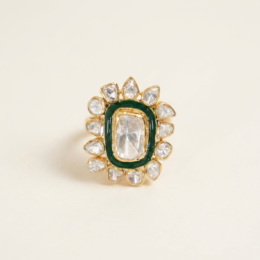 Front catalog view of the ZEVARAZ Aabha Harit Meena Kundan Silver Ring