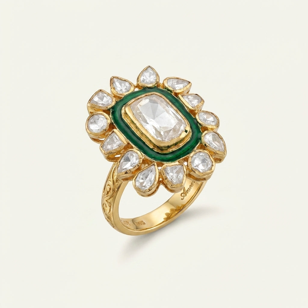 Angled catalog view of the ZEVARAZ Aabha Harit Meena Kundan Silver Ring