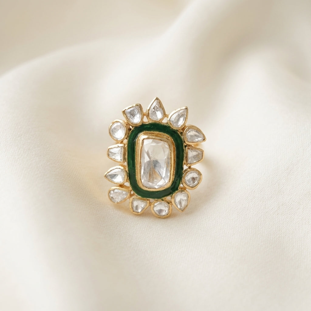 Close-up detail of the green meena enamel and kundan work on the ZEVARAZ Aabha Harit Meena Kundan Silver Ring