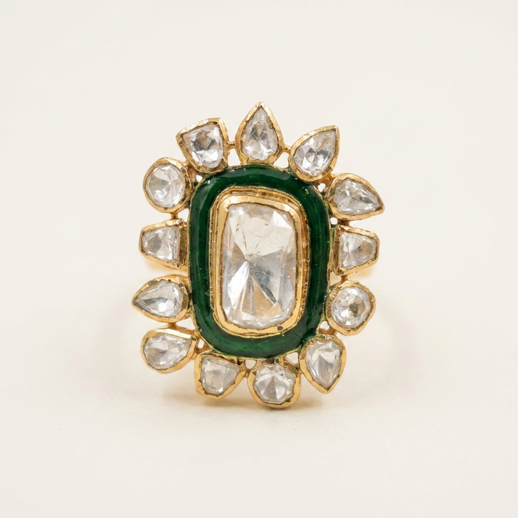 Side profile view of the ZEVARAZ Aabha Harit Meena Kundan Silver Ring
