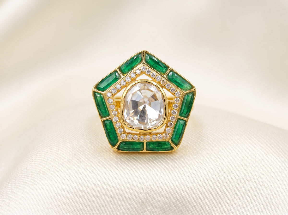 Front catalog view of the ZEVARAZ Aabha Panna Kona Polki Silver Ring