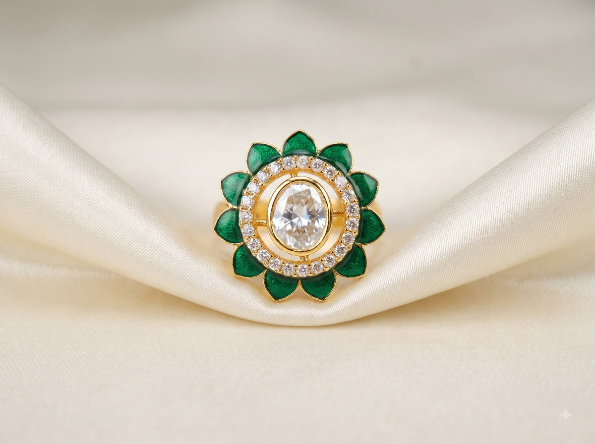 Front catalog view of the ZEVARAZ Aabha Panna Padma Polki Silver Ring