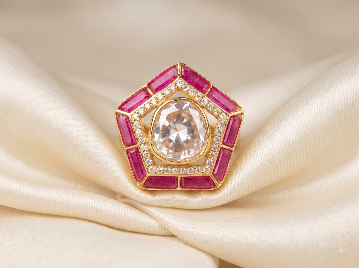 Front catalog view of the ZEVARAZ Aabha Manak Kona Polki Silver Ring