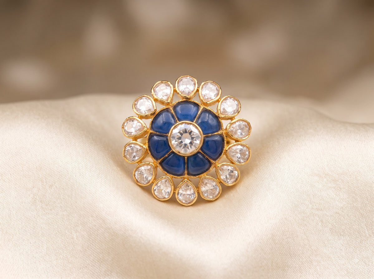 Front catalog view of the ZEVARAZ Aabha Neelam Pushp Polki Silver Ring