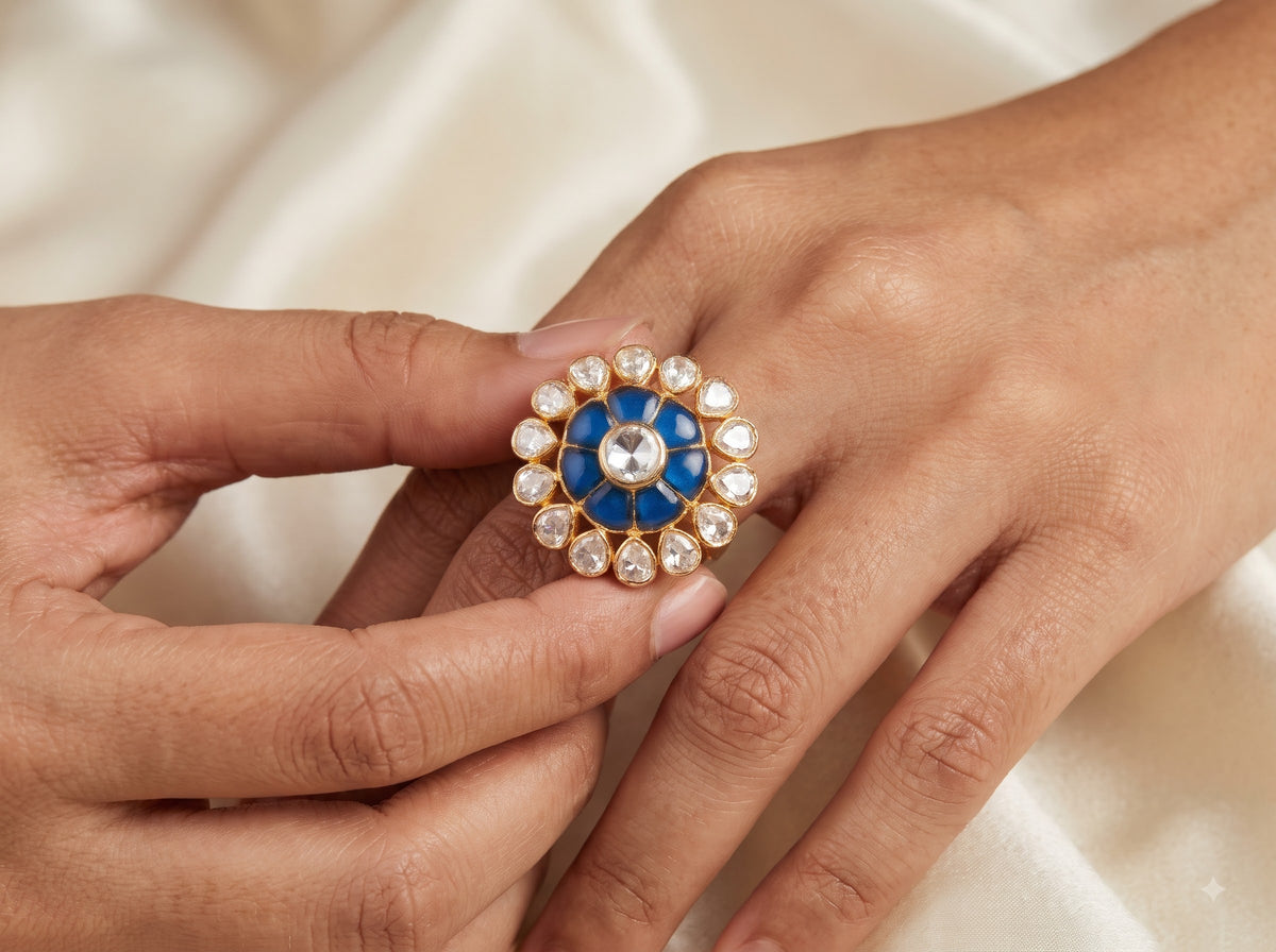 Angled studio view of the ZEVARAZ Aabha Neelam Pushp Polki Silver Ring