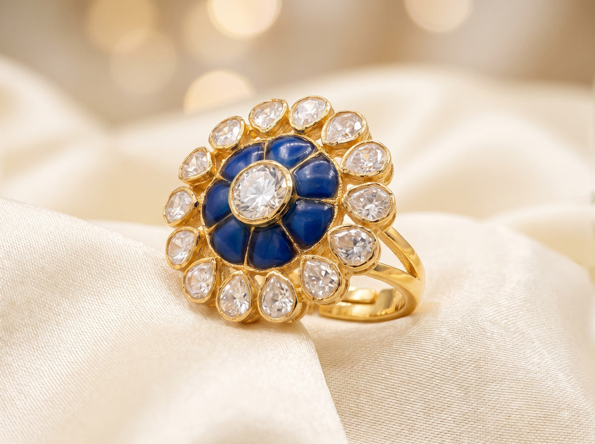 Detail shot of the silver craftsmanship on the ZEVARAZ Aabha Neelam Pushp Polki Silver Ring