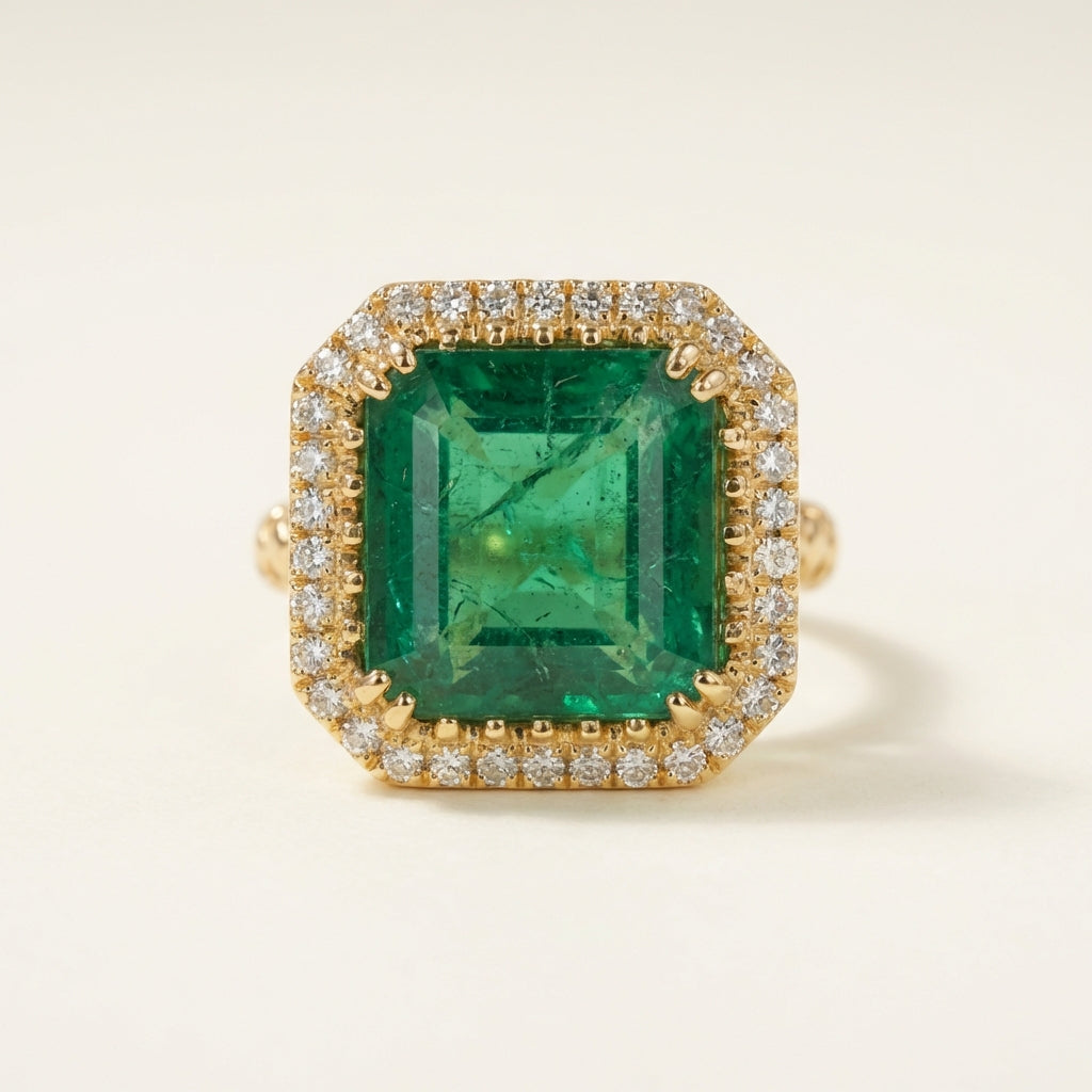 Close-up of the green panna stone on the ZEVARAZ Ratna Panna Mahal Silver Ring