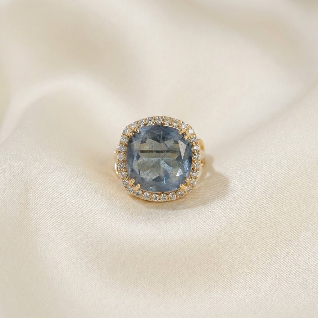 Angled studio view of the ZEVARAZ Ratna Neelam Chand Silver Ring