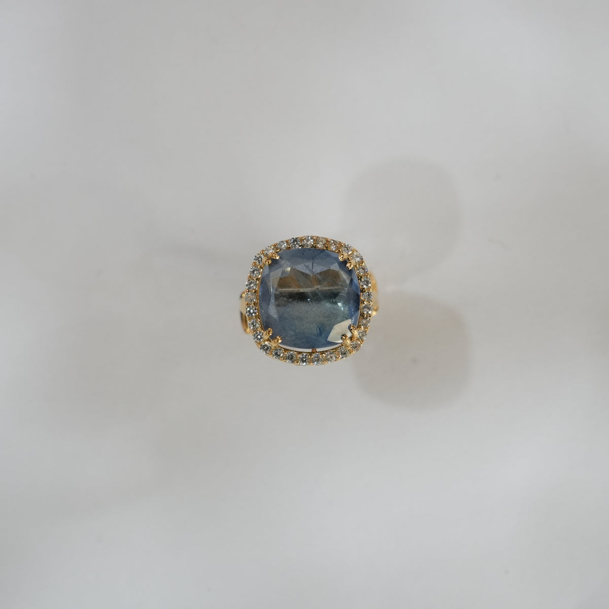 Studio detail shot of the crescent setting on the ZEVARAZ Ratna Neelam Chand Silver Ring