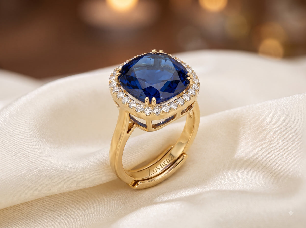 Lifestyle render of the ZEVARAZ Ratna Neelam Chand Silver Ring on silk satin